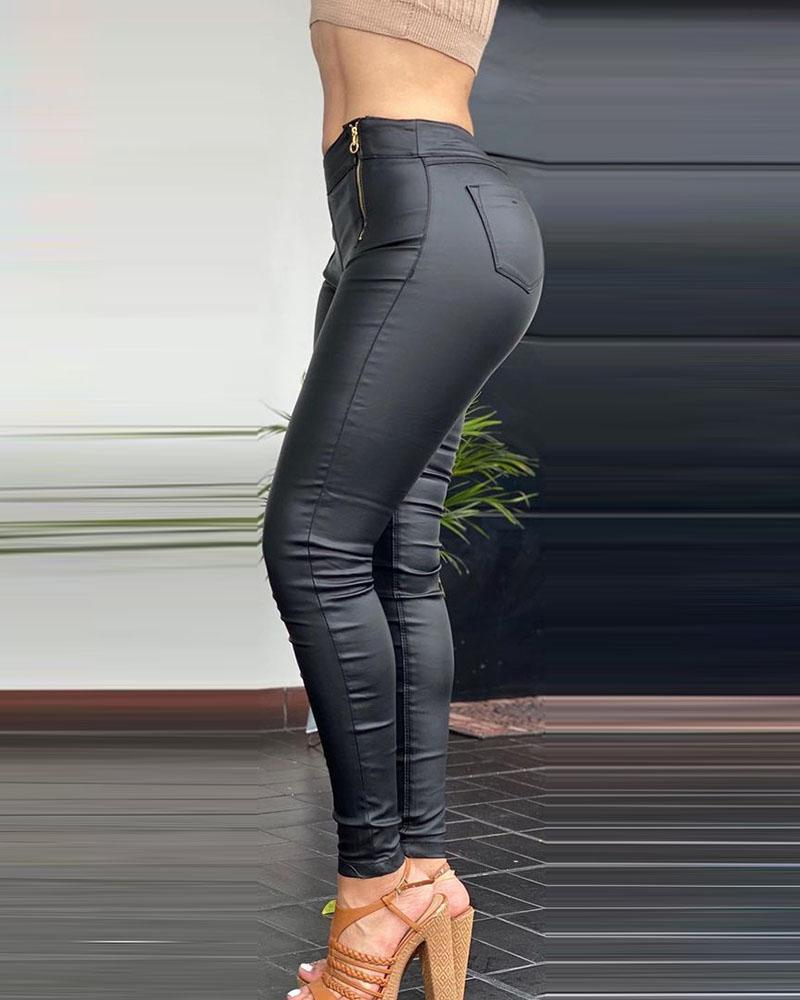 Plus Size Zipper Pocket Design PU Leather Skinny Pants