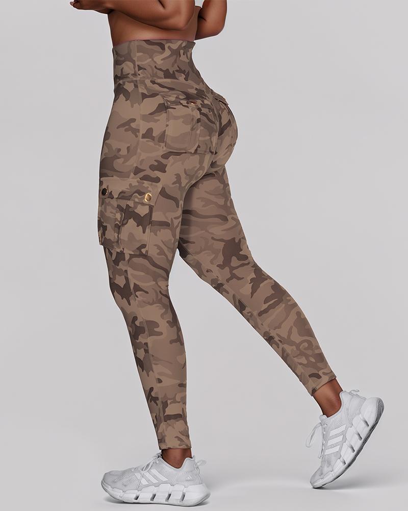 Camouflage Print High Waist Skinny Button Leggings with Pocket Casual Pants