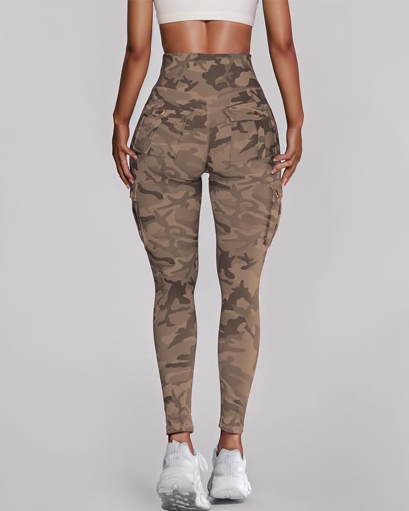 Camouflage Print High Waist Skinny Button Leggings with Pocket Casual Pants