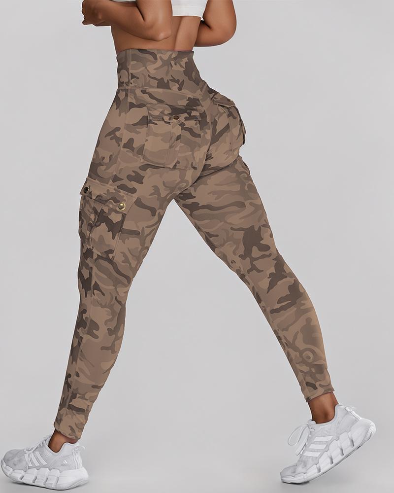 Camouflage Print High Waist Skinny Button Leggings with Pocket Casual Pants