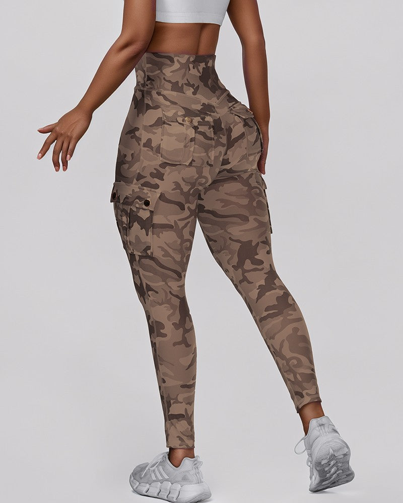 Camouflage Print High Waist Skinny Button Leggings with Pocket Casual Pants