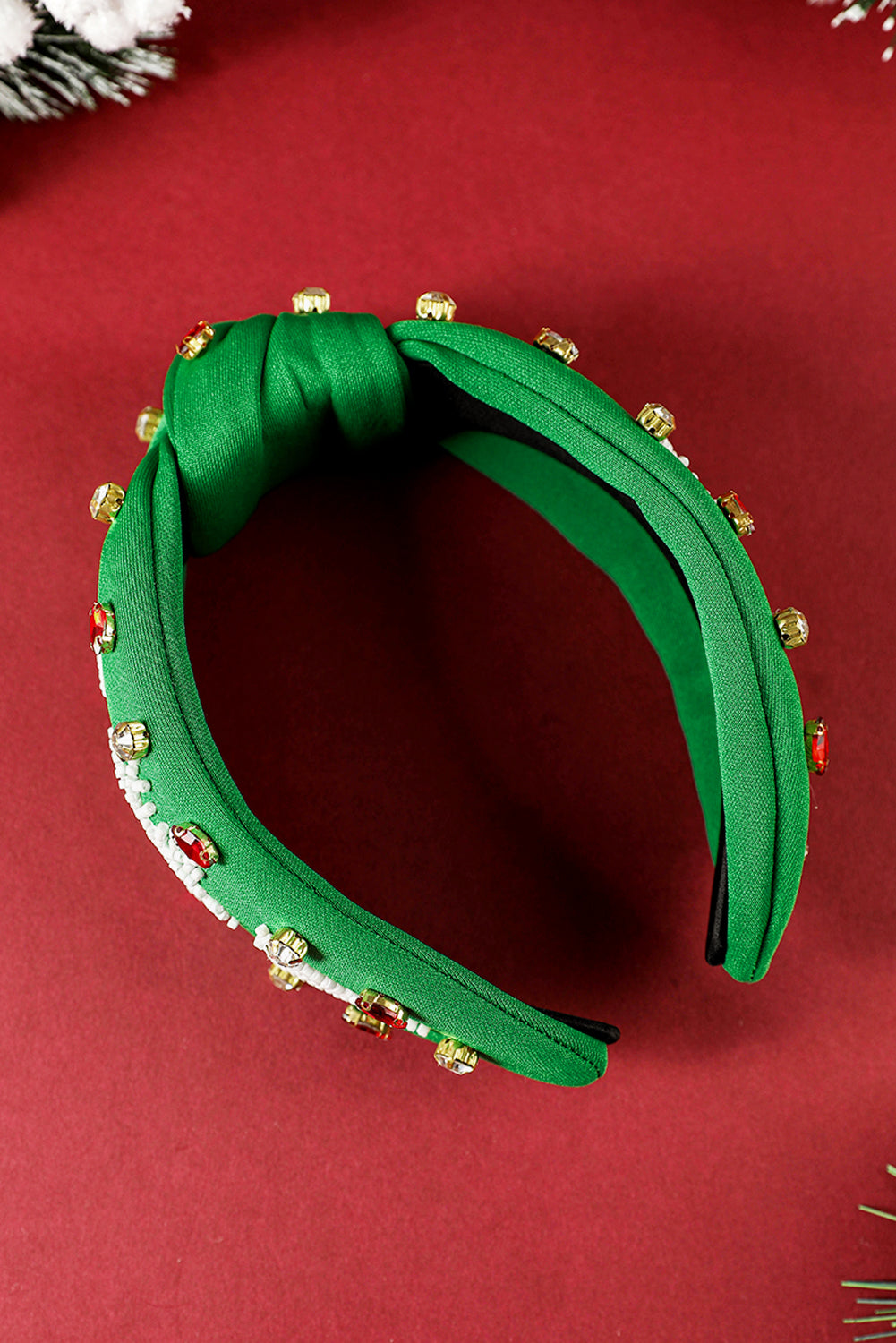 Dark Green Christmas Rice Beaded Rhinestone Wide Headband