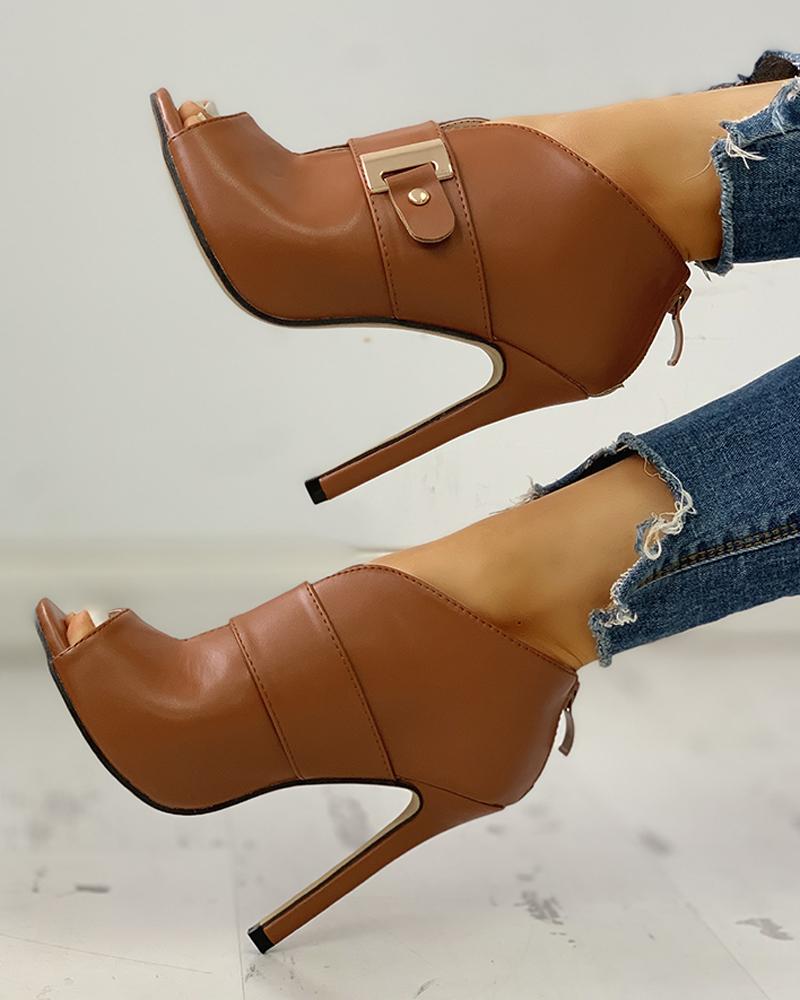 PU Peep Toe Buckled Thin Heels