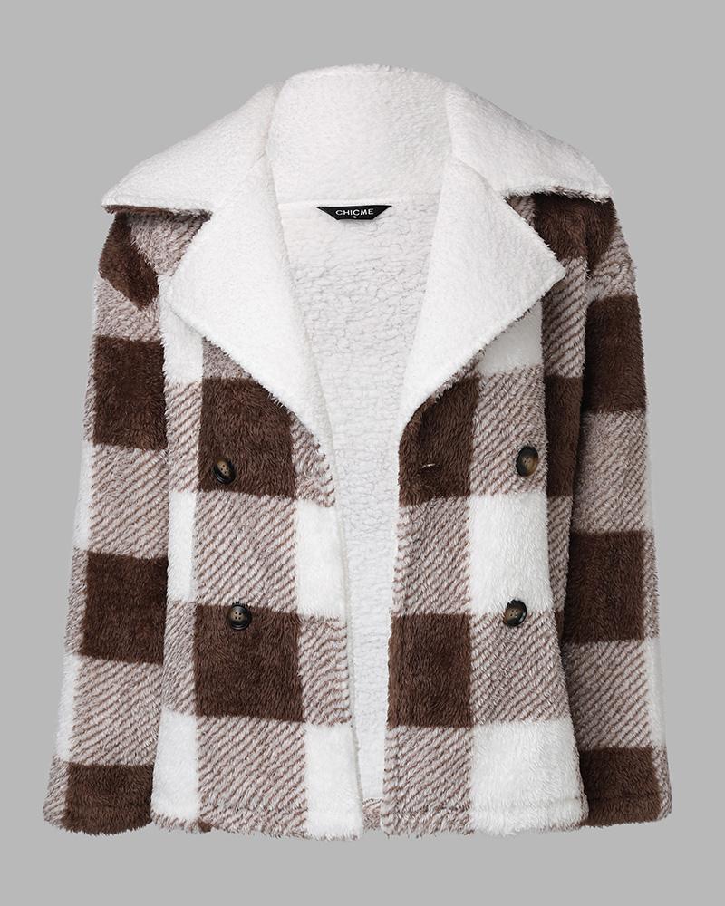 Plaid Print Double Breasted Teddy Coat