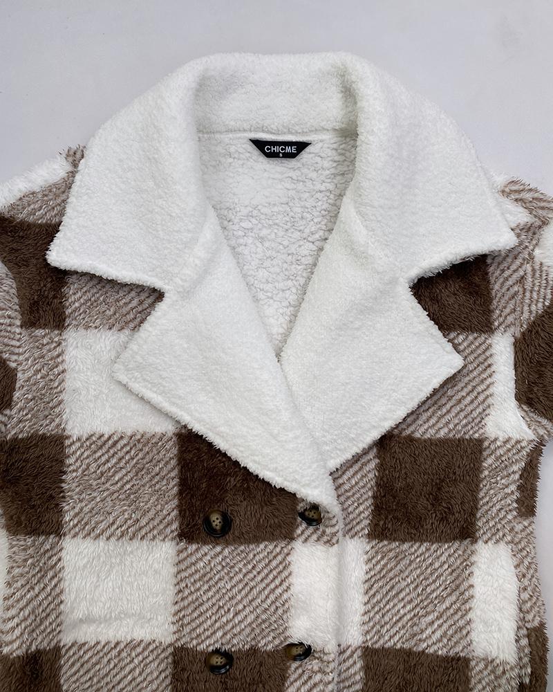 Plaid Print Double Breasted Teddy Coat