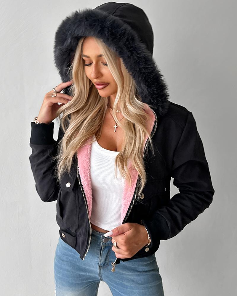 Fuzzy Trim Hooded Zip Up Pocket Design Lined Coat