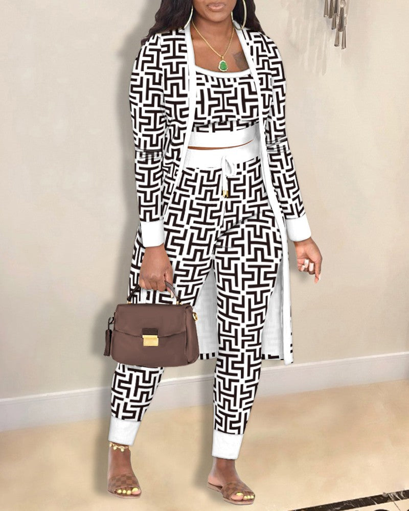 Geometric Print Cami Top & Drawstring Pants Set With Longline Coat