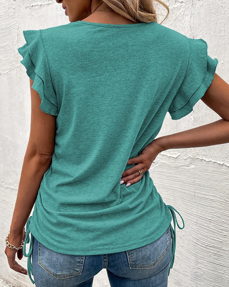 Flutter Sleeve Drawstring Ruched Top