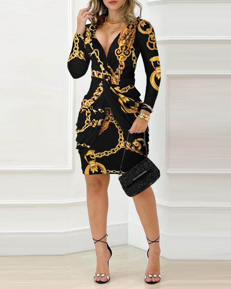 Baroque Chain Print Twist Detail Party Dress