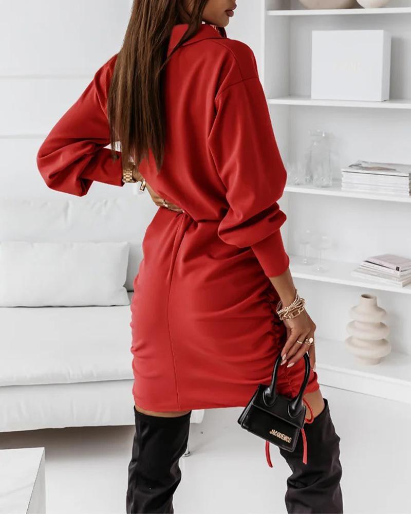 Drawstring Ruched Drop Shoulder Button Front Shirt Dress