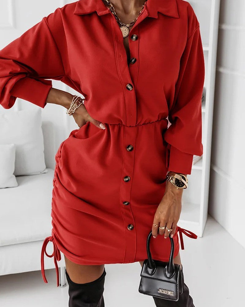 Drawstring Ruched Drop Shoulder Button Front Shirt Dress