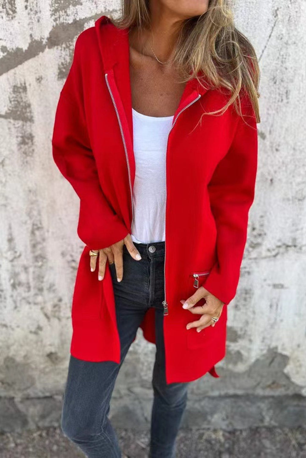 Fiery Red Solid Color Casual Zip up Hooded Coat