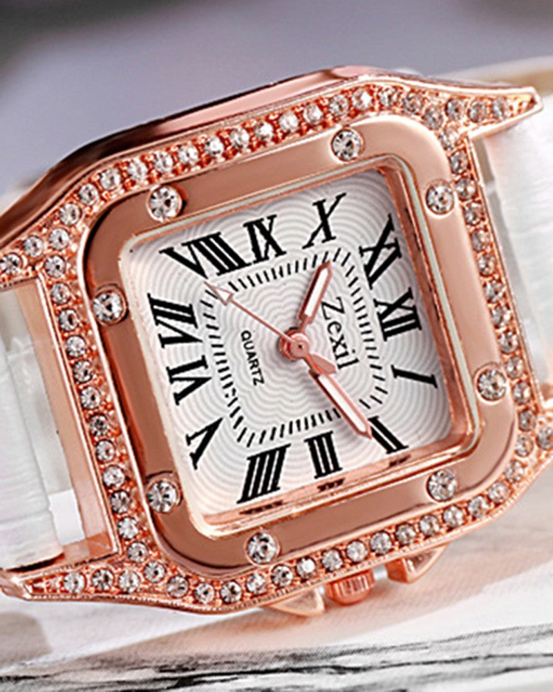 Rhinestone Decor Square Quartz Watch