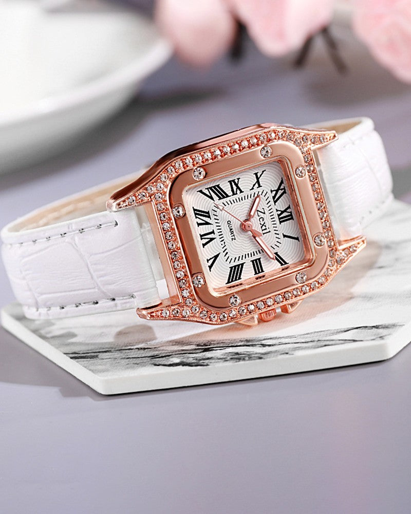 Rhinestone Decor Square Quartz Watch