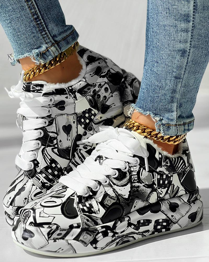 Cartoon Graphic Letter Lace up Lined Sneakers