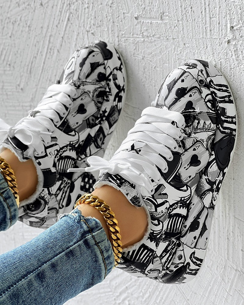 Cartoon Graphic Letter Lace up Lined Sneakers