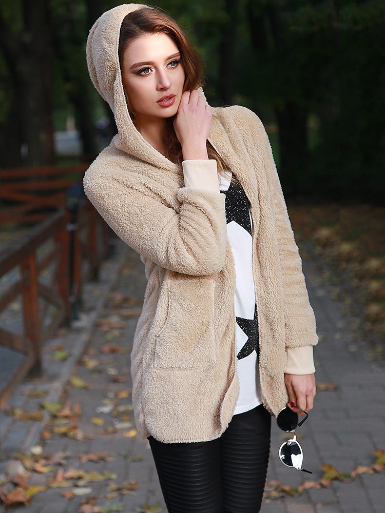 Warm Solid Pocket Design Hoodies Fluffy Coat