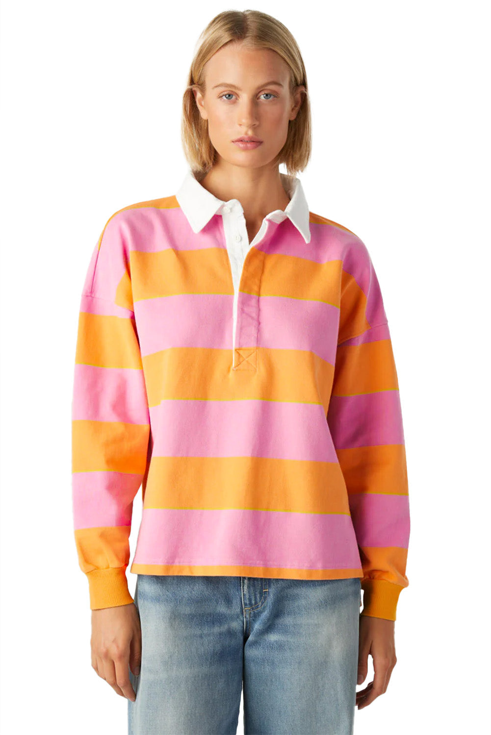 Yellow Stripe Color Block Polo Collar Sweatshirt