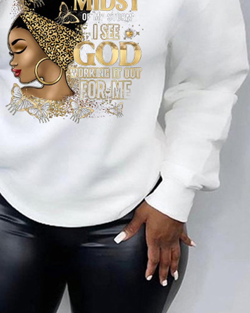 Plus Size Figure Letter Print Long Sleeve Sweatshirt