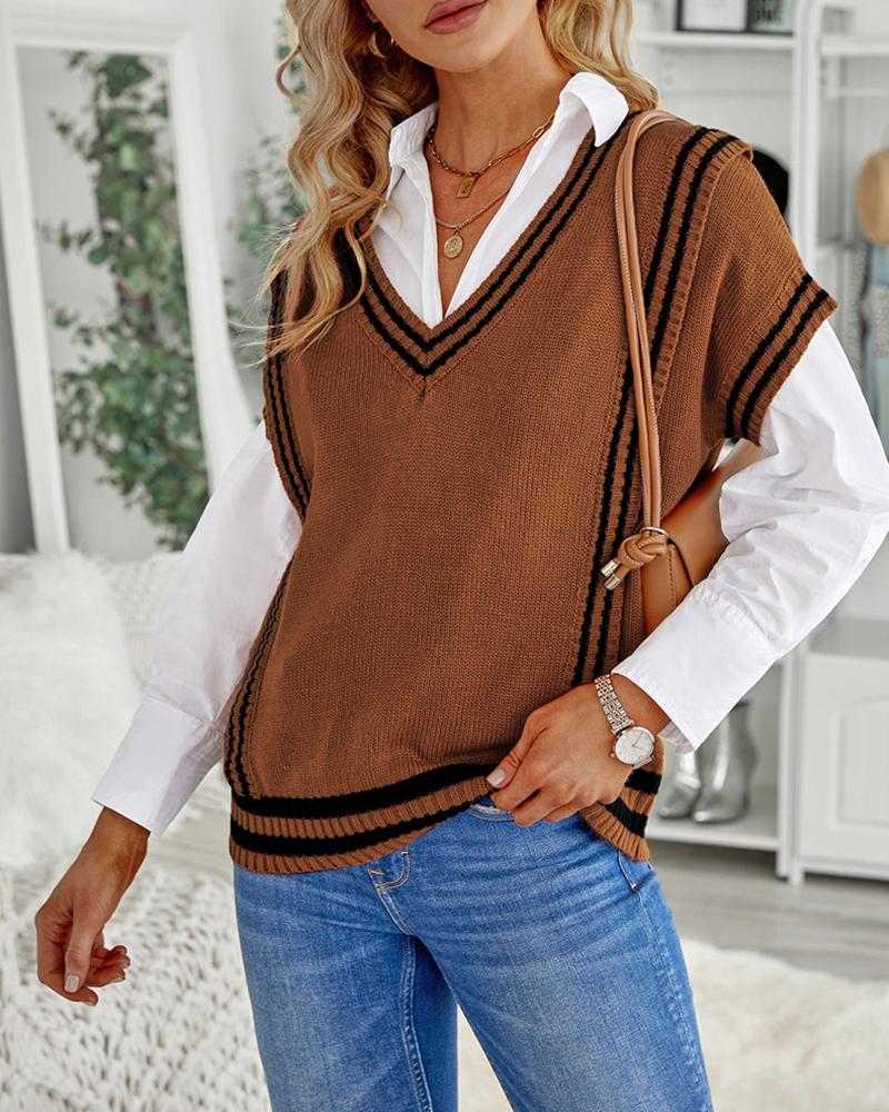 Striped Pattern V Neck Short Sleeve Sweater