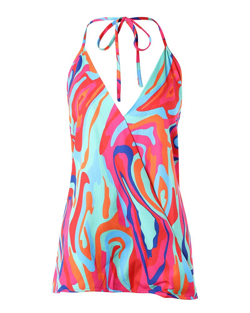 Abstract Print Halter Sleeveless Wrap Tank Top