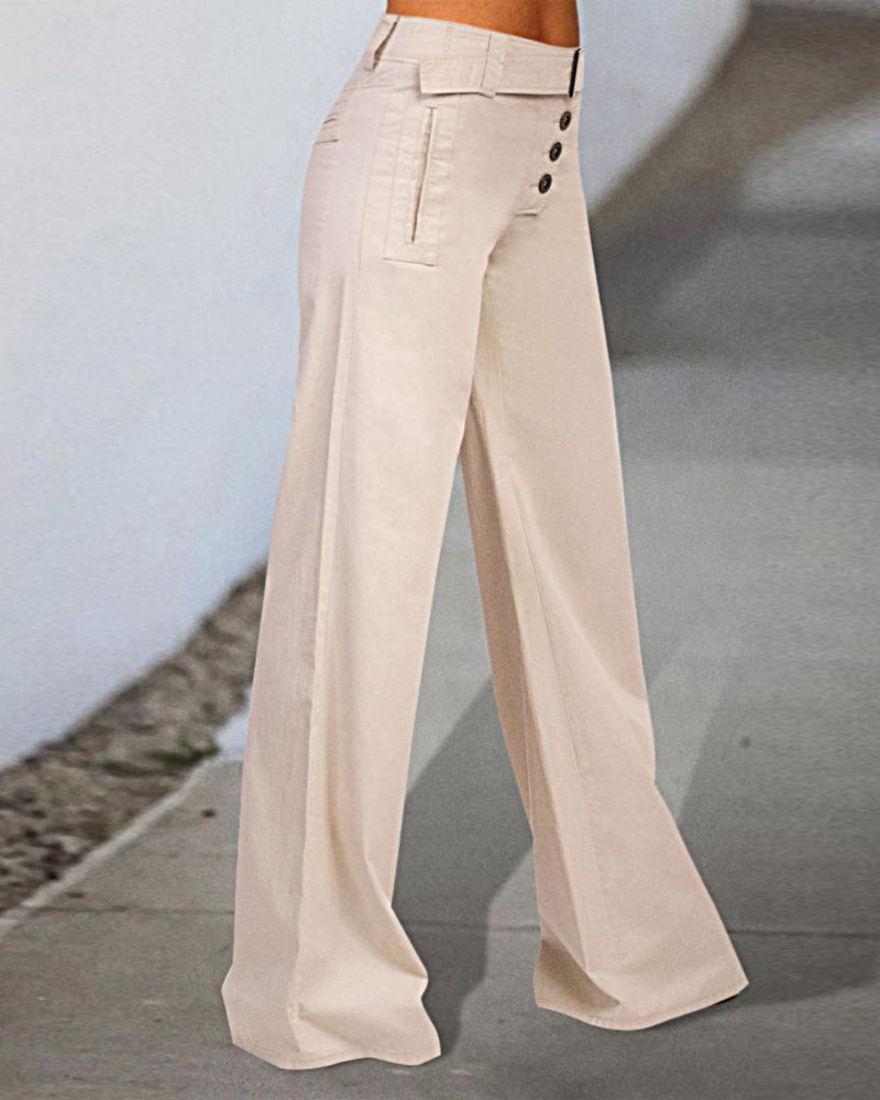 Plain Button Fly Buckle Taped Wide Leg Pants