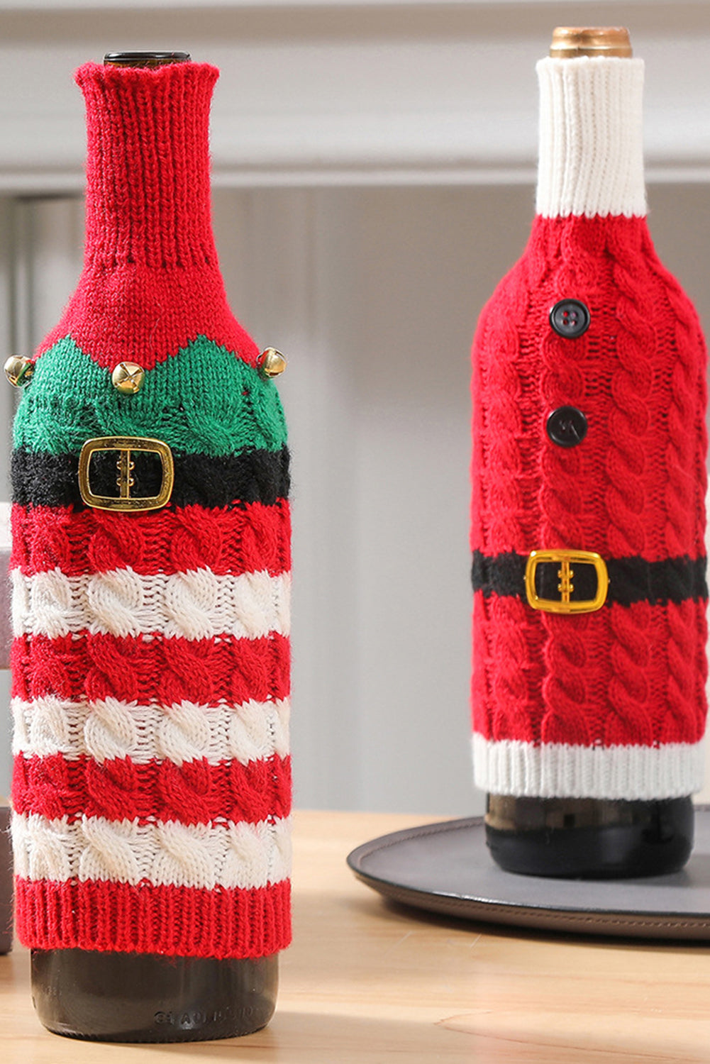 Racing Red Christmas Stripes Knitted Jingle Bell Wine Bottle Sleeve