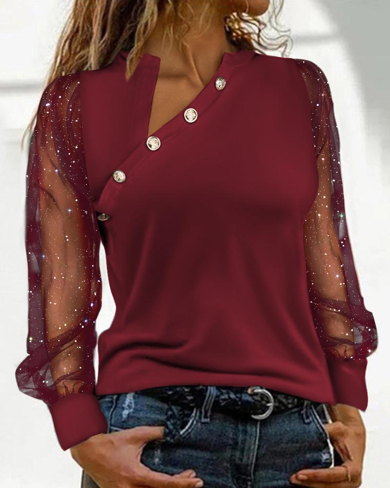 Glitter Sheer Mesh Long Sleeve Top