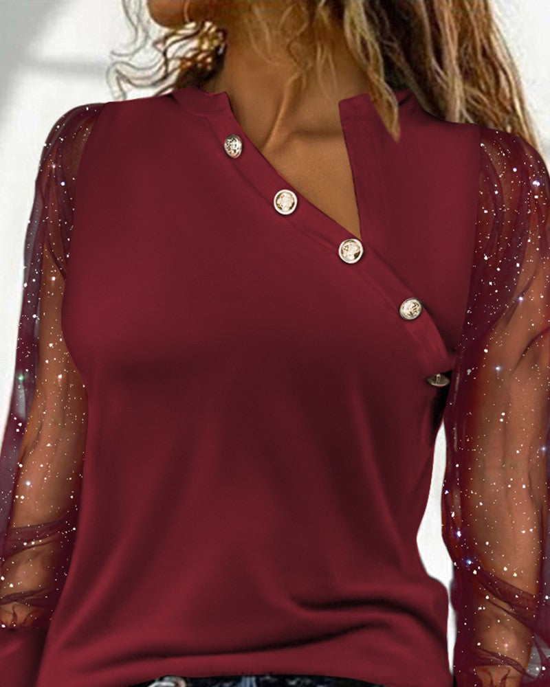 Glitter Sheer Mesh Long Sleeve Top