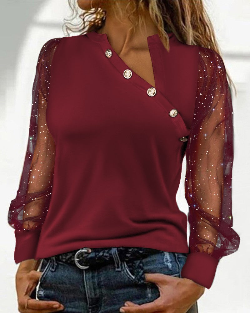 Glitter Sheer Mesh Long Sleeve Top