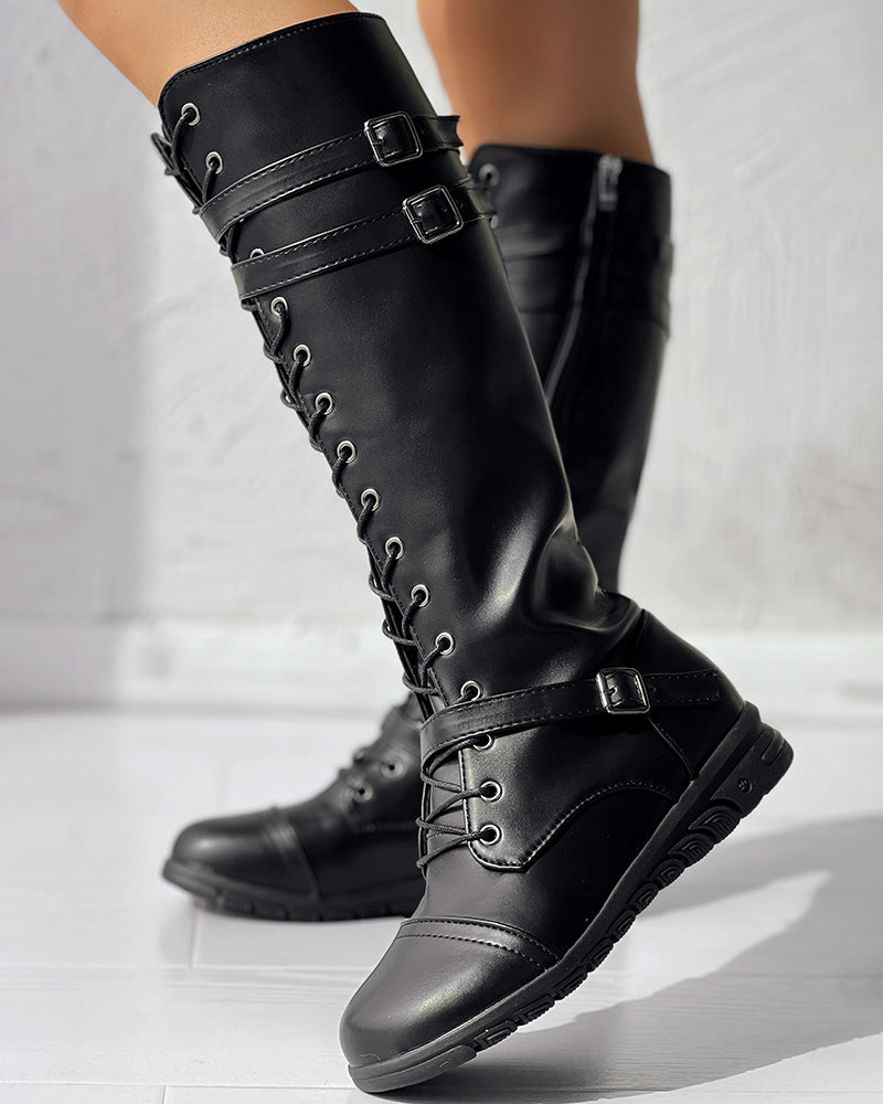 Lace up Buckled Zipper Design Boots