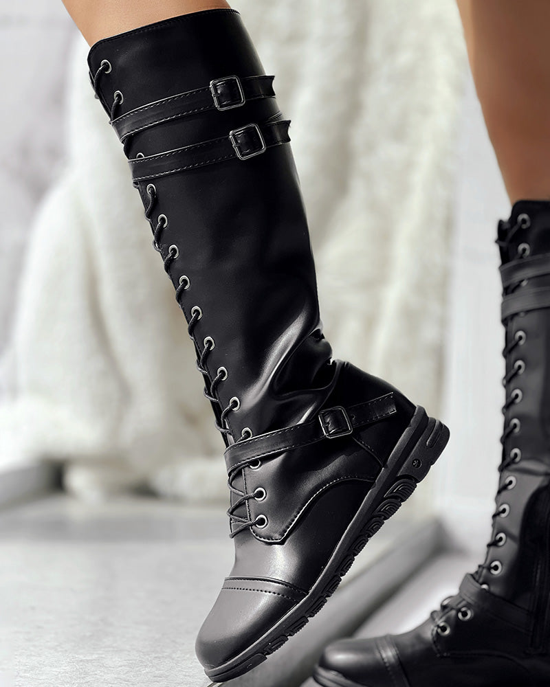 Lace up Buckled Zipper Design Boots