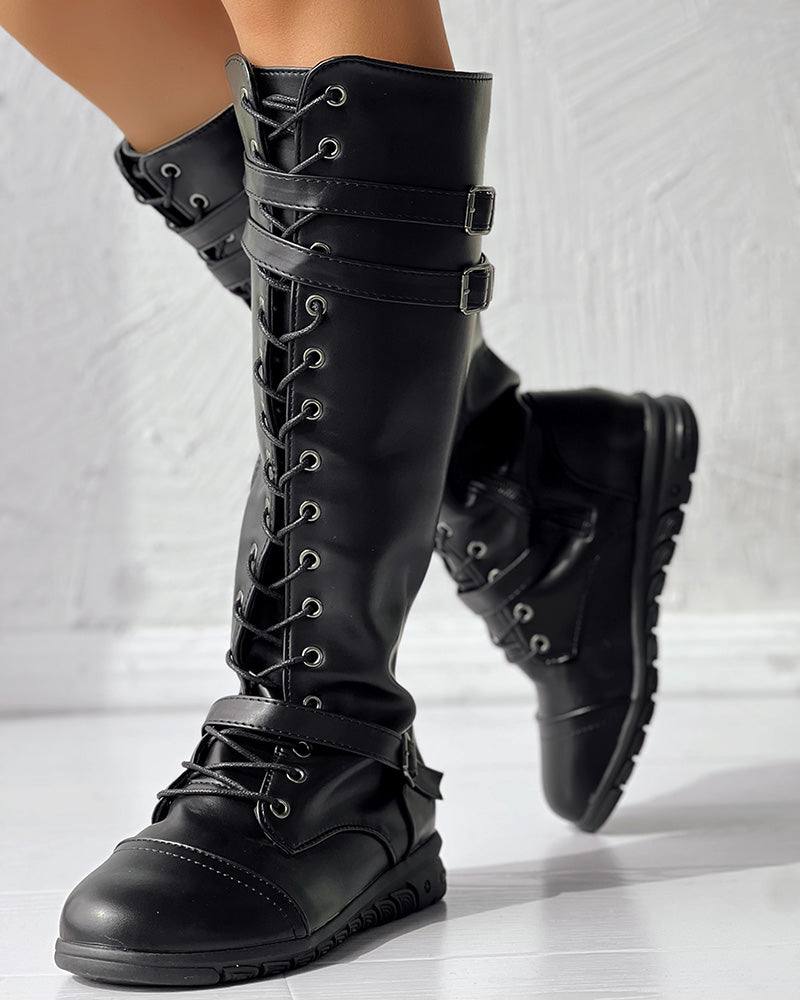 Lace up Buckled Zipper Design Boots