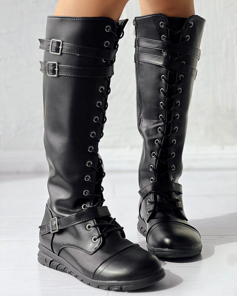 Lace up Buckled Zipper Design Boots