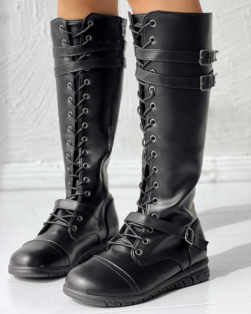 Lace up Buckled Zipper Design Boots