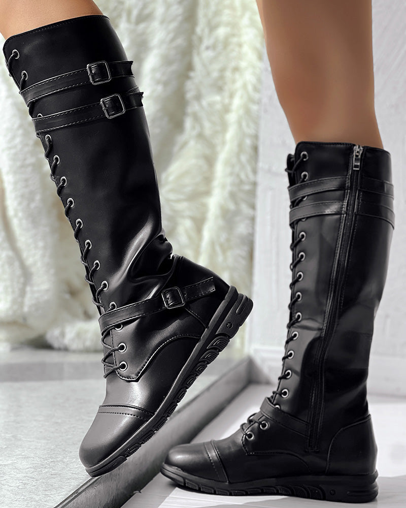 Lace up Buckled Zipper Design Boots