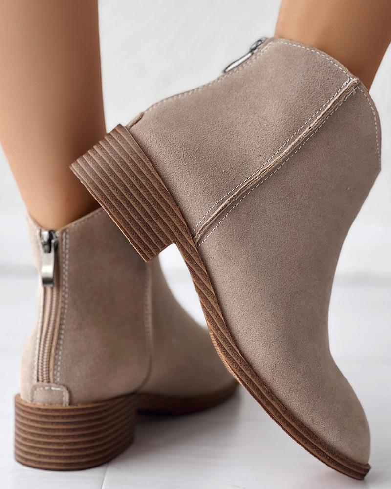 Zipper Design Chunky Heel Ankel Boots