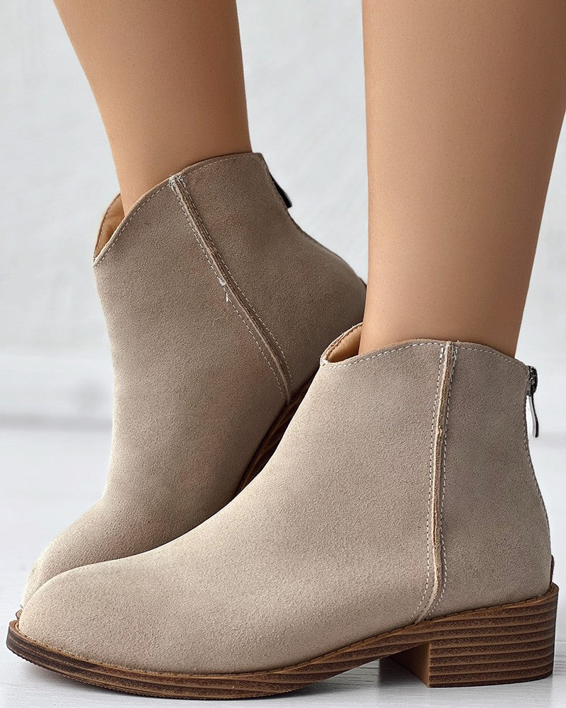 Zipper Design Chunky Heel Ankel Boots