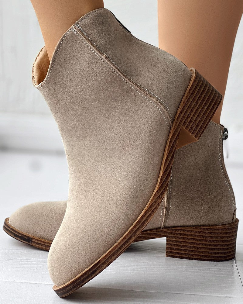 Zipper Design Chunky Heel Ankel Boots