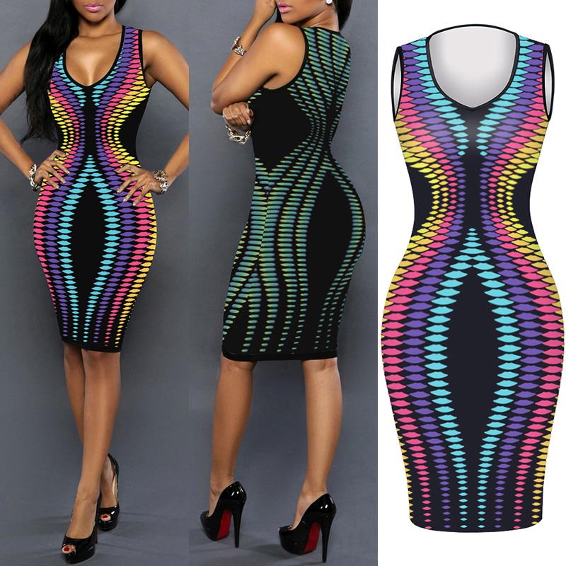 Women Sexy V Neck Stripe Print Slim Bodycon Dress