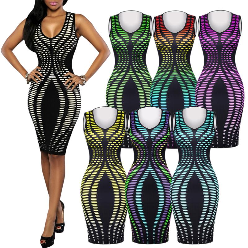 Women Sexy V Neck Stripe Print Slim Bodycon Dress