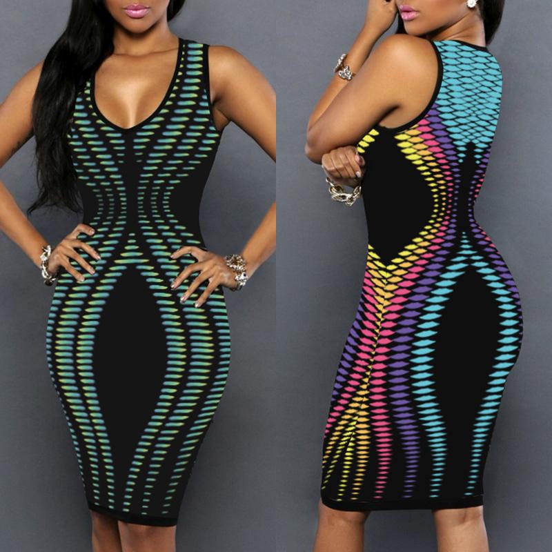 Women Sexy V Neck Stripe Print Slim Bodycon Dress