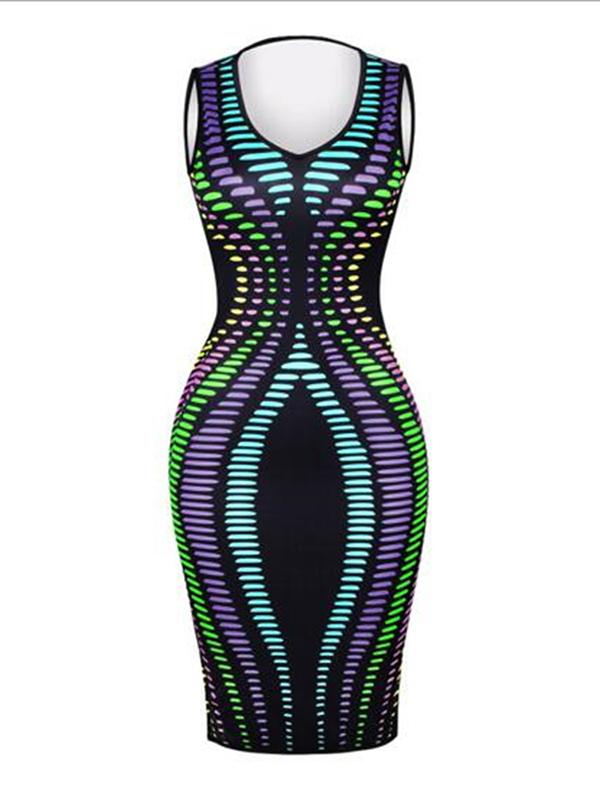 Women Sexy V Neck Stripe Print Slim Bodycon Dress