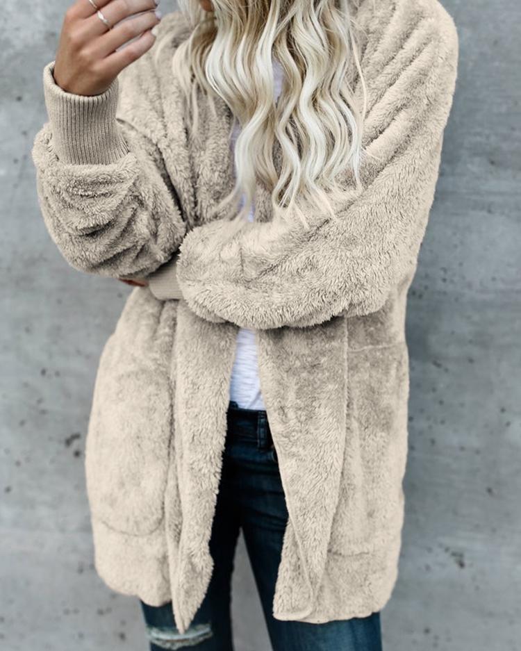 Warm Solid Pocket Design Hoodies Fluffy Coat