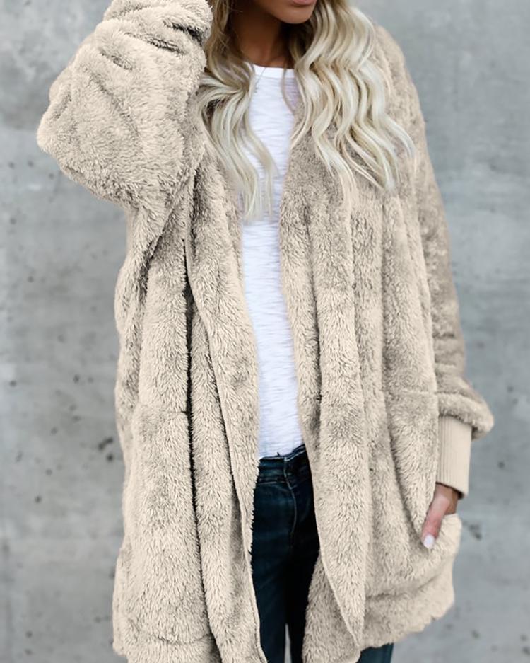 Warm Solid Pocket Design Hoodies Fluffy Coat