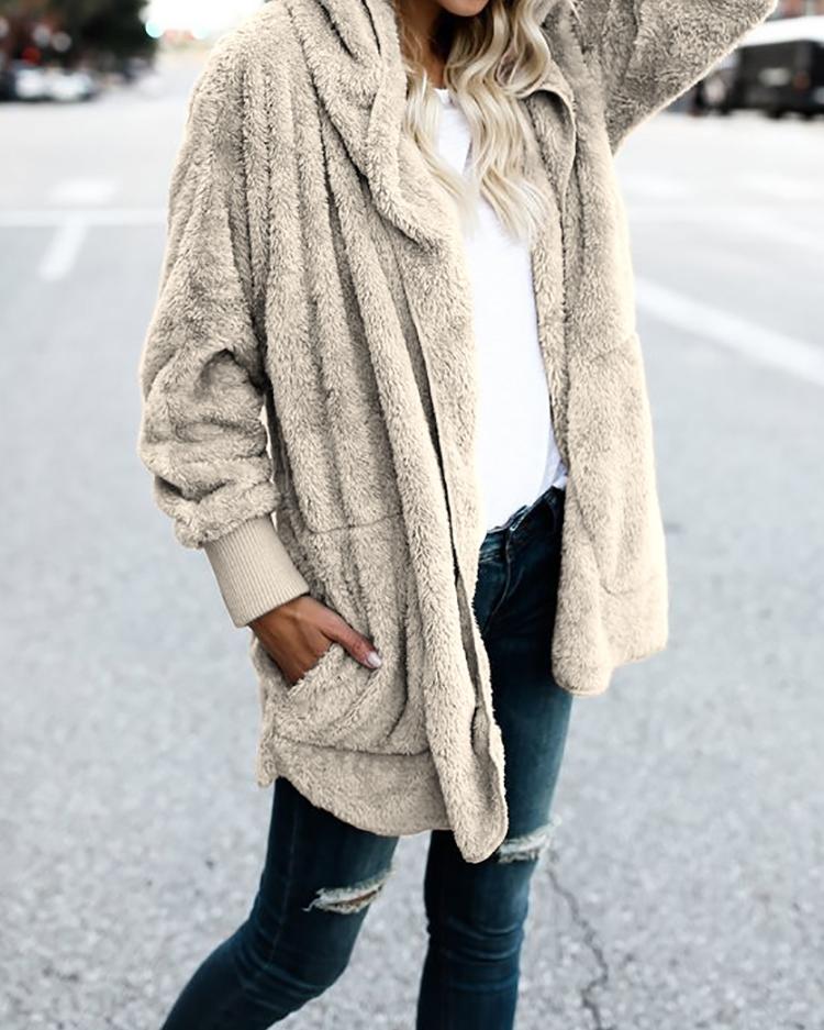 Warm Solid Pocket Design Hoodies Fluffy Coat