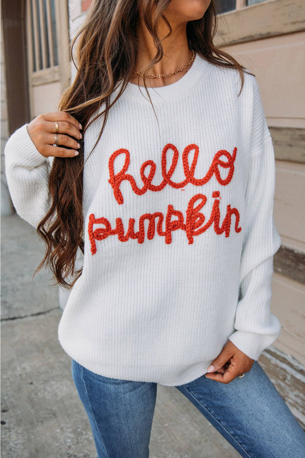 White Hello Pumpkin Graphic Sweater