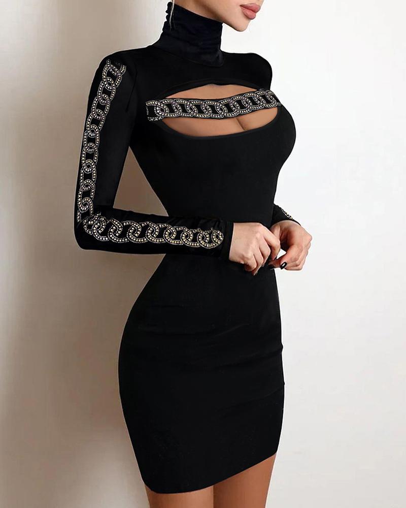 Rhinestone Chain Pattern Cutout Bodycon Dress