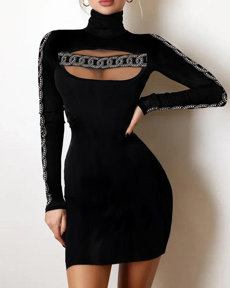 Rhinestone Chain Pattern Cutout Bodycon Dress