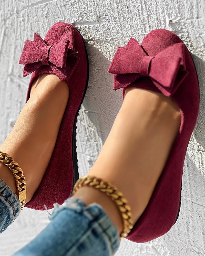 Round Toe Bowknot Decor Slip On Loafers